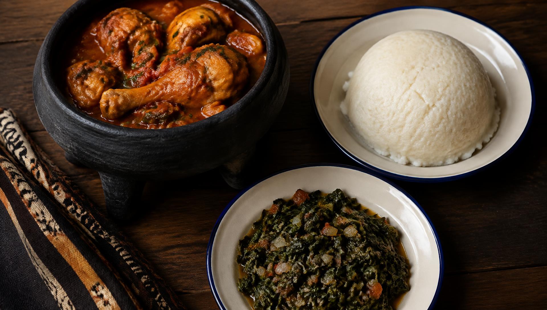 Sadza with chicken stew and greens